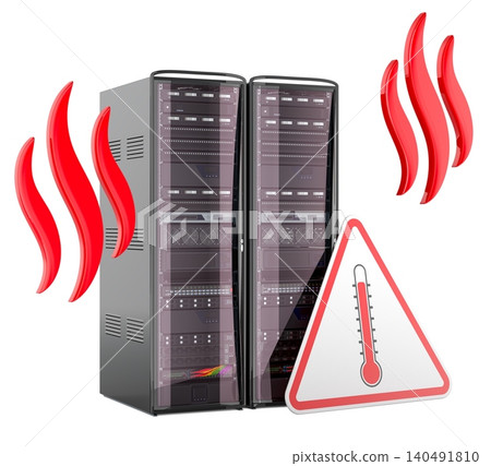 Server overheating warning with temperature alert sign, 3d rendering Server overheating warning with temperature alert sign, 3d rendering 140491810
