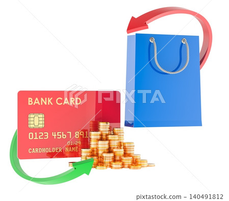 Shopping bag cashback concept with bank card coins and arrows. 3D rendering Shopping bag cashback concept with bank card coins and arrows. 3D rendering 140491812