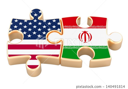 USA and Iran flag puzzle pieces, geopolitical relations concept. 3D rendering USA and Iran flag puzzle pieces, geopolitical relations concept. 3D rendering 140491814