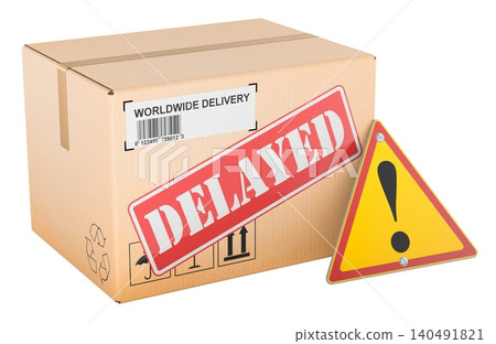 Delayed delivery package with warning sign and shipping box. 3D rendering Delayed delivery package with warning sign and shipping box. 3D rendering 140491821