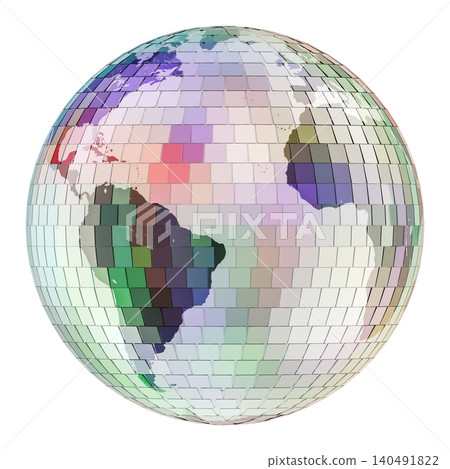 Disco ball globe with world map mirror mosaic. 3D rendering Disco ball globe with world map mirror mosaic. 3D rendering 140491822