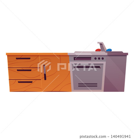Kitchen appliances and furniture, steel sink and oven, wooden cupboard with shelves vector flat illustration Kitchen appliances and furniture, steel sink and oven, wooden cupboard with shelves vector flat illustration 140491941