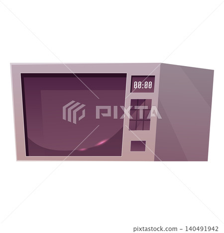 A microwave oven with a digital display, control buttons, and a closed glass door, gray. A microwave oven with a digital display, control buttons, and a closed glass door, gray. 140491942