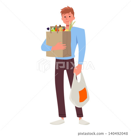 Man holds shopping bags with food products, vector cartoon grocery market paper bag with meal purchases Man holds shopping bags with food products, vector cartoon grocery market paper bag with meal purchases 140492048
