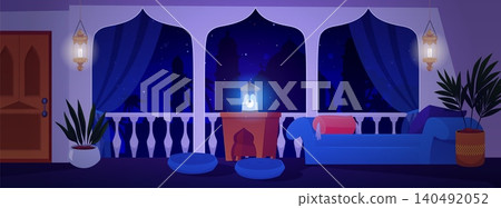 Arabic interior at night, vector living room in oriental style, sofa, table, pillows, arch windows and lanterns lighting Arabic interior at night, vector living room in oriental style, sofa, table, pillows, arch windows and lanterns lighting 140492052