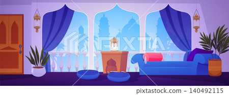 Arabic interior, living room in oriental style with sofa, table, pillows, arch windows and lanterns, vector Arab house 140492115