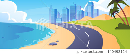 A wide-screen wallpaper featuring a highway along a sandy coastline, palm trees, and a metropolis. A wide-screen wallpaper featuring a highway along a sandy coastline, palm trees, and a metropolis. 140492124