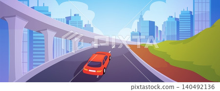 Highway overpass and cityscape with skyscrapers buildings, vector red car is driving on the urban road infrastructure Highway overpass and cityscape with skyscrapers buildings, vector red car is driving on the urban road infrastructure 140492136
