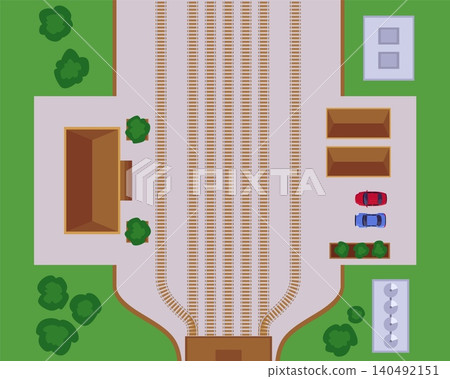 Railroad engine shed top view, railway parallel parts with connection depot, vector flat train transportation tracks Railroad engine shed top view, railway parallel parts with connection depot, vector flat train transportation tracks 140492151