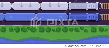Train wagons on the railway along the coast top view, vector flat modern express passenger trains locomotive wagon Train wagons on the railway along the coast top view, vector flat modern express passenger trains locomotive wagon 140492153