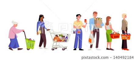 Queues of various shoppers with carts, baskets, packages, and bags of groceries. Queues of various shoppers with carts, baskets, packages, and bags of groceries. 140492184