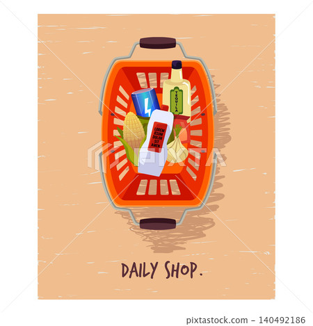 A poster featuring a top-view orange shopping cart with groceries and the caption "Daily Shop." A poster featuring a top-view orange shopping cart with groceries and the caption "Daily Shop." 140492186
