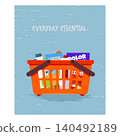 Poster with a shopping cart filled with groceries and the inscription "EVERYDAY ESSENTIAL" 140492189
