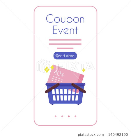 Mobile screen interface with a 40 off coupon in a blue shopping cart. Mobile screen interface with a 40 off coupon in a blue shopping cart. 140492190