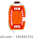A broken orange plastic shopping basket with cracks, a hole, and one missing handle. 140492191