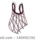 A damaged brown mesh shopping bag with a large hole in the bottom. 140492192