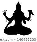 Black silhouette of the deity Vishnu, in a lotus position with four arms, holding a shankha shell. 140492203