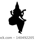A black silhouette of the Indian deity Saraswati, with four arms and playing a vina. 140492205