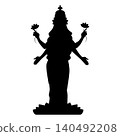 Black vector silhouette of the Indian deity Lakshmi, standing on a lotus with four arms and flowers 140492208