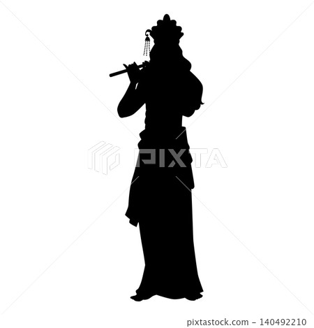 Black silhouette of the Indian deity Krishna playing the flute. Black silhouette of the Indian deity Krishna playing the flute. 140492210