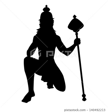 Black silhouette of the Indian deity Hanuman, kneeling with a gada mace in his hand. Black silhouette of the Indian deity Hanuman, kneeling with a gada mace in his hand. 140492213