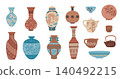 Traditional Asian vase with flowers, plate, bowl and kettle vector set, vintage oriental porcelain tableware collection 140492215