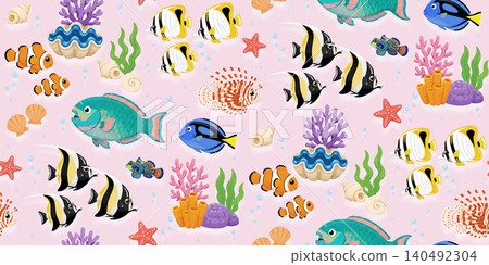 Seamless pattern of summer sea creatures and tropical fish Seamless pattern of summer sea creatures and tropical fish 140492304