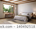 Cozy bedroom interior featuring a comfortable bed with nature view 3d render 140492518