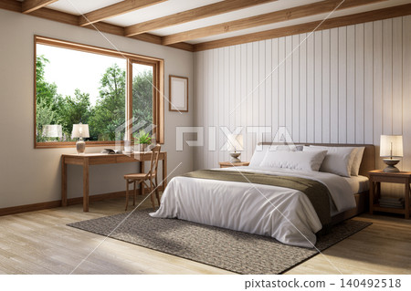 Cozy bedroom interior featuring a comfortable bed with nature view 3d render Cozy bedroom interior featuring a comfortable bed with nature view 3d render 140492518
