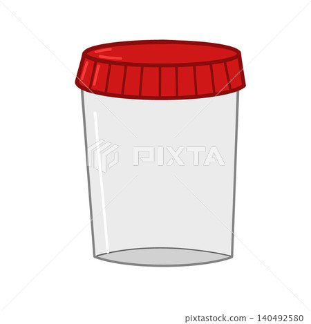 Urine collection cups and containers with red lids. Urine collection cups and containers with red lids. 140492580