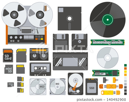 A set of vector illustrations of old and new memory media and storage devices (floppy disks, cassettes, SSDs, SD cards). 140492908
