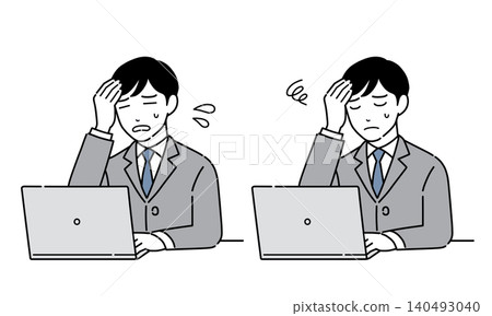 Illustration of a man in a suit holding his head in his hands while looking at a computer screen. (Set 14) Illustration of a man in a suit holding his head in his hands while looking at a computer screen. (Set 14) 140493040