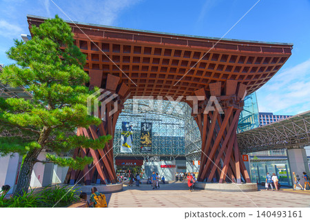Kanazawa, Japan - Oct 6 2024, A panoramic view of Tsuzumi Gate at the entrance to Kanazawa Station, with people walking in the foreground, at daytime, Kanazawa, Japan Kanazawa, Japan - Oct 6 2024, A panoramic view of Tsuzumi Gate at the entrance to Kanazawa Station, with people walking in the foreground, at daytime, Kanazawa, Japan 140493161