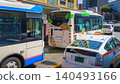Kanazawa, Japan - Oct 6 2024, A panoramic view of cars and buses stuck in traffic on a narrow street in one of Kanazawa's districts, at daytime, Kanazawa, Japan 140493166