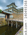 Kanazawa, Japan - Oct 6 2024, vertical view of facade of Kanazawa Castle with the moat in the foreground, on a cloudy day, without people, at daytime, Kanazawa, Japan  140493168