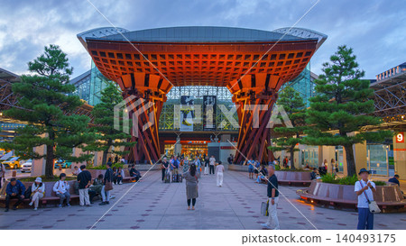 Kanazawa, Japan - Oct 6 2024, A panoramic view of Tsuzumi Gate at the entrance to Kanazawa Station, with people walking in the foreground, at daytime, Kanazawa, Japan Kanazawa, Japan - Oct 6 2024, A panoramic view of Tsuzumi Gate at the entrance to Kanazawa Station, with people walking in the foreground, at daytime, Kanazawa, Japan 140493175