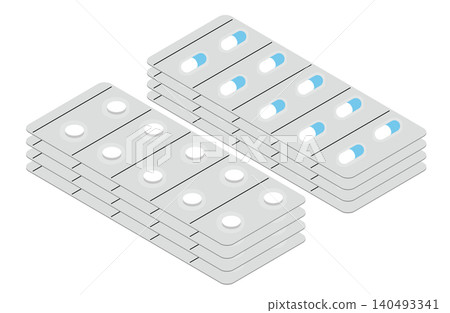 Illustration (without outlines) of 4 sheets containing 10 white and light blue capsules and 10 white tablets each. Illustration (without outlines) of 4 sheets containing 10 white and light blue capsules and 10 white tablets each. 140493341