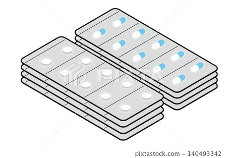 Illustration (with outlines) of 4 sheets containing 10 white and light blue capsules and 10 white tablets each. Illustration (with outlines) of 4 sheets containing 10 white and light blue capsules and 10 white tablets each. 140493342