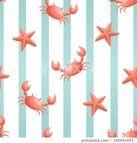 Seamless pattern with crabs and starfish on striped background 140493643