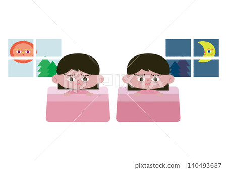A set of vector illustrations of a sleep-deprived girl. A set of vector illustrations of a sleep-deprived girl. 140493687