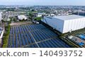 [Aerial view] Landscape of a massive solar panel cluster and logistics warehouses/factories (Renewable energy, SDGs) 140493752