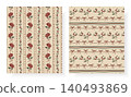 Set of 2 seamless vintage cottagecore patterns featuring hydrangea stripe, bow garland, botanical branches and dotted lines on cream background. Perfect for fabric, wallpaper, stationery, gift wrap. 140493869