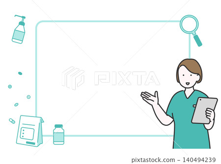 A nurse holding a tablet and providing information about medications and medical treatments; framed illustration with copy space. A nurse holding a tablet and providing information about medications and medical treatments; framed illustration with copy space. 140494239