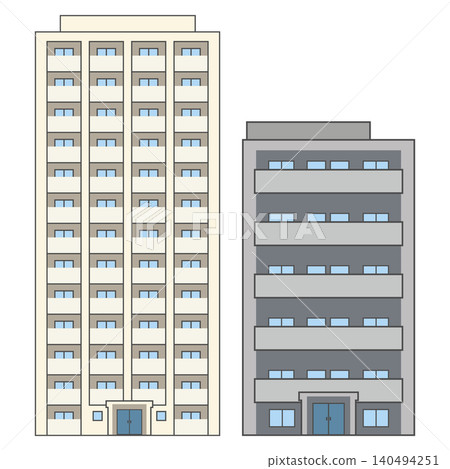 一組兩幅簡單的公寓大樓正面外觀插圖。 一組兩幅簡單的公寓大樓正面外觀插圖。 140494251