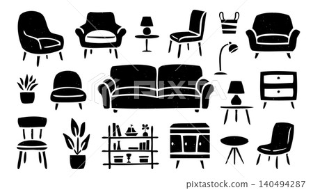 Stamp-style silhouette illustrations of furniture: a set of furniture including sofas, chairs, and desks. Stamp-style silhouette illustrations of furniture: a set of furniture including sofas, chairs, and desks. 140494287