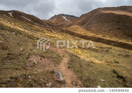Scenery view of Tsergo Ri (4,990m) the high point on the Langtang valley trek of Nepal. A towering viewpoint and trekking peak located in the Langtang National Park of Nepal. 140494648