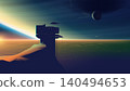 Futuristic sci-fi vector landscape with spaceship approaching alien planet station silhouette. 140494653
