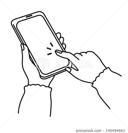 線條畫插圖,描繪了一隻女人的手觸摸智慧型手機的情景。 線條畫插圖,描繪了一隻女人的手觸摸智慧型手機的情景。 140494663
