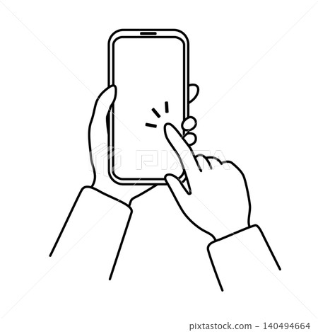 Line art illustration of a person's hand touching a smartphone. 140494664