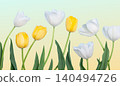Easter Tulips and Painted Eggs on Blue Background 140494726